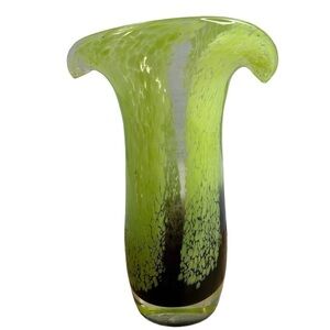 Vintage Teleflora Hand Blown Glass Tulip Shape Green Speckle Flared Glass Vase